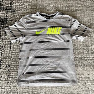 Nike White and Black Striped Tee with Neon Logo